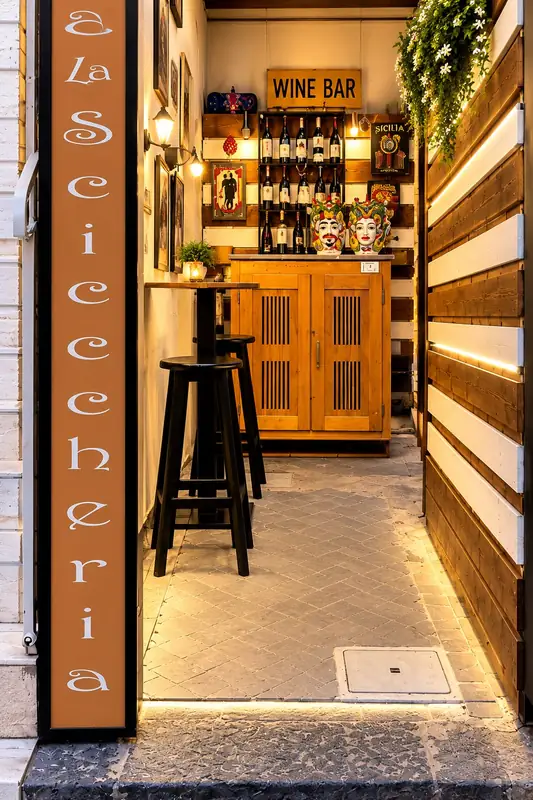 L'ingresso del ristorante La Sciccheria, con l'insegna verticale e il wine bar sul fondo del vicolo.
